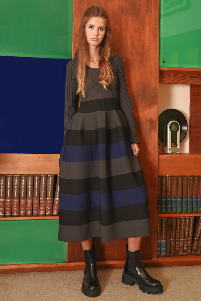 Coop Stripe Writer Dress Charcoal/Black/Navy