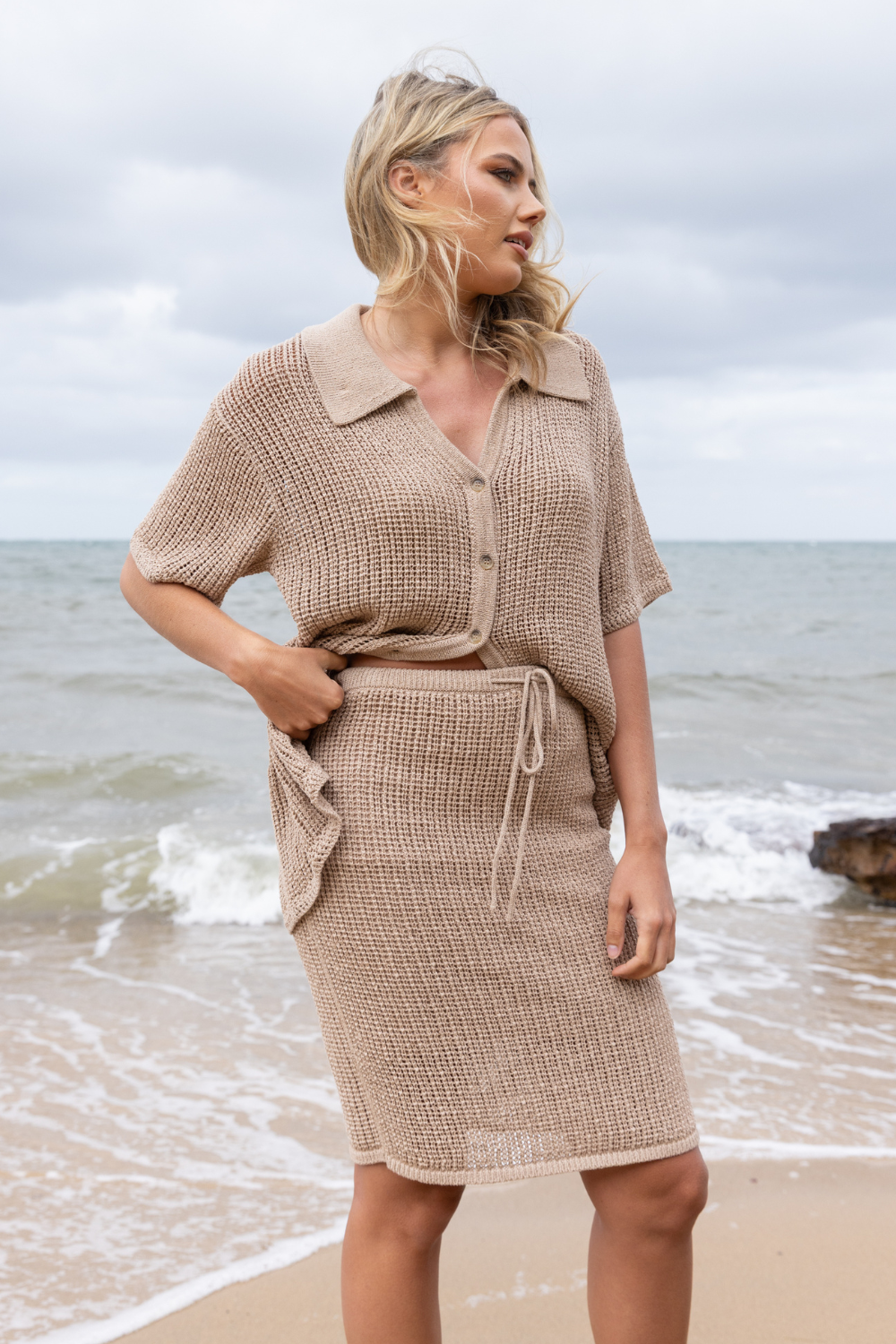 Two T's Tape Yarn Knit Shirt Sand