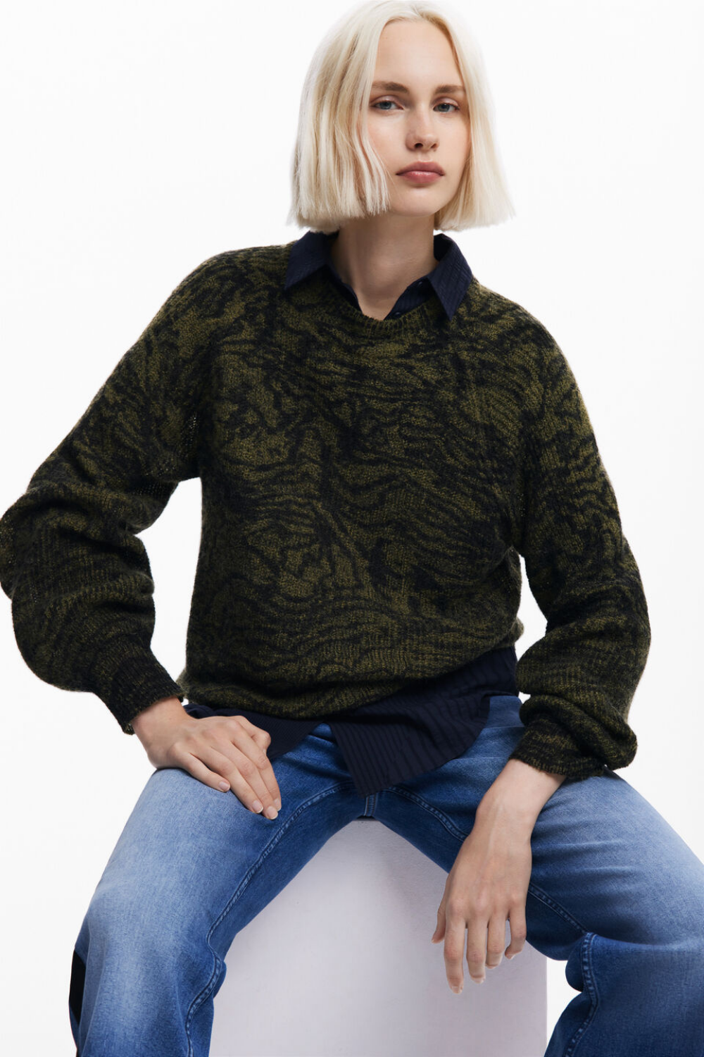 Desigual Arty Print Sweater Khaki