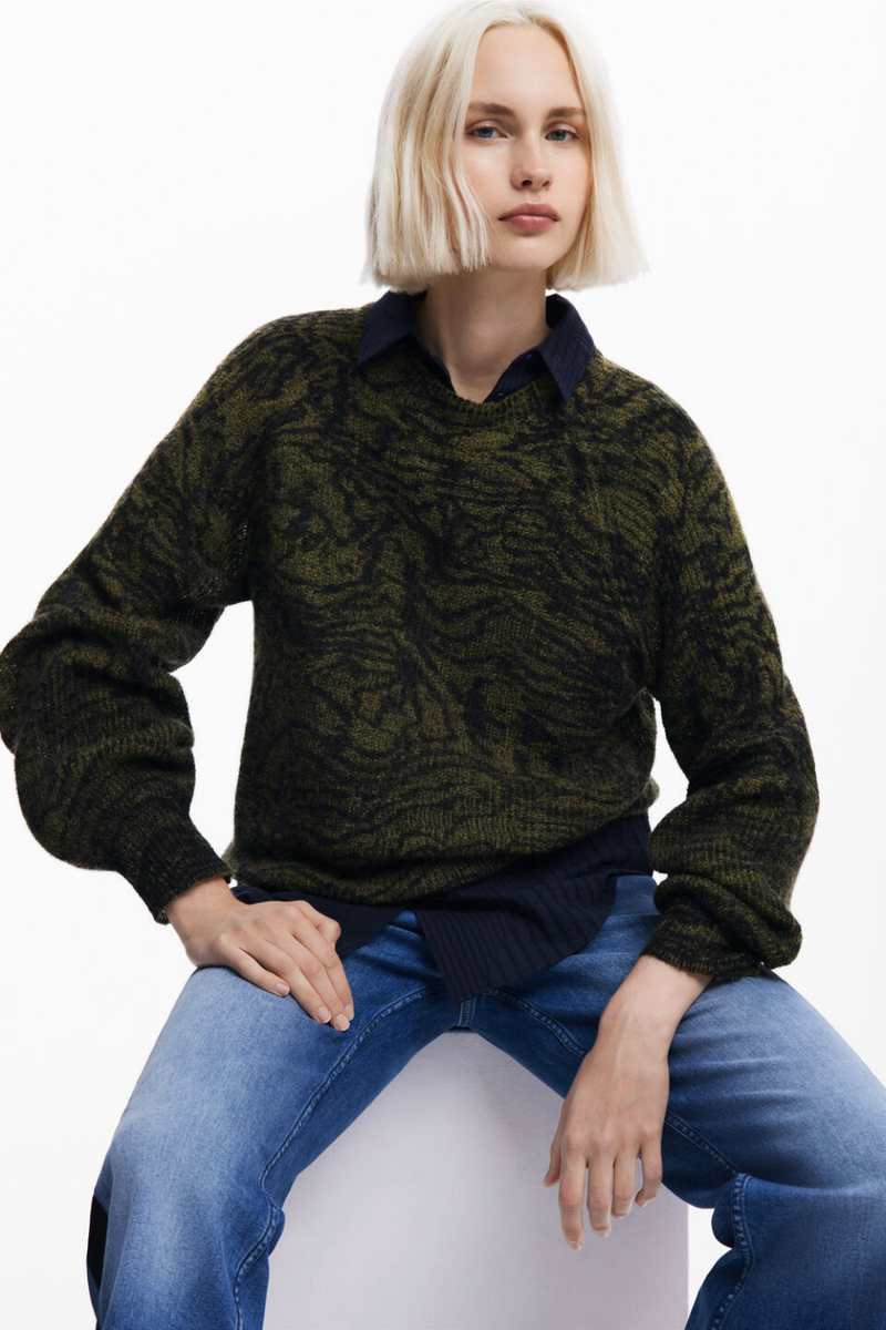 Desigual Arty Print Sweater Khaki