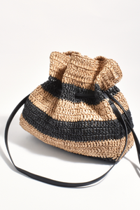 Adorne Eloise Stripe Paper Weave Drawstring Bag Black Natural