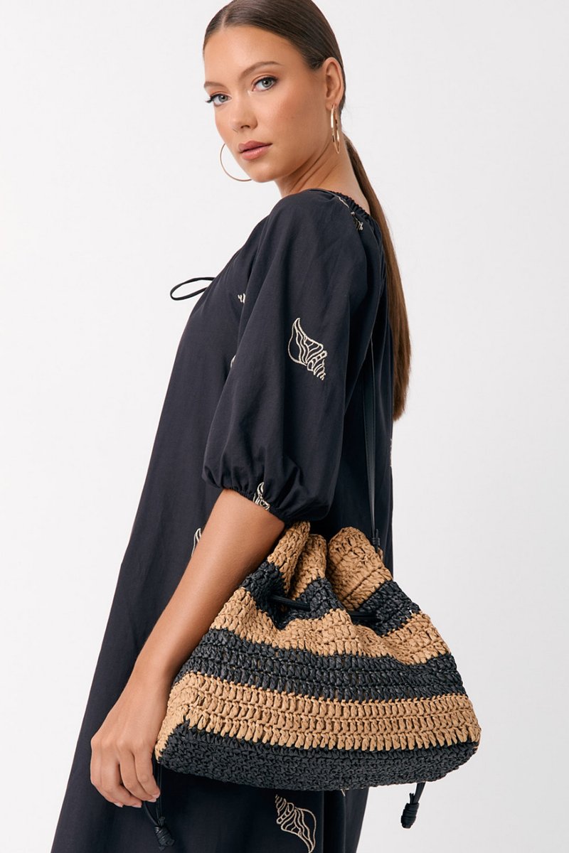 Adorne Eloise Stripe Paper Weave Drawstring Bag Black Natural