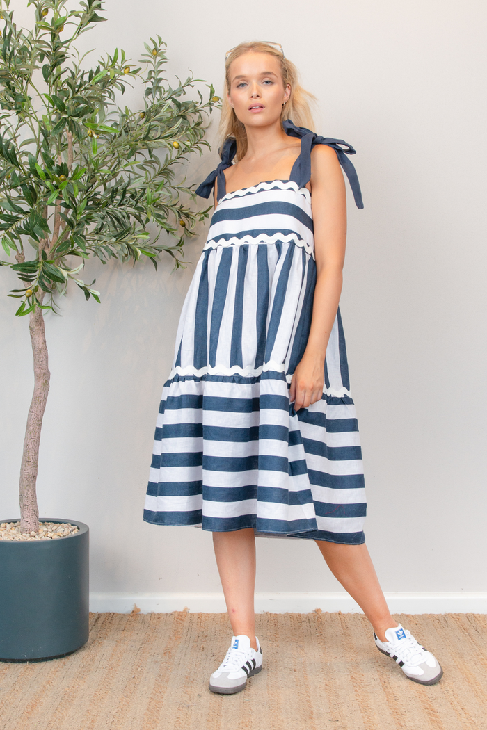 Huntress Midi Tie Dress Navy Stripe