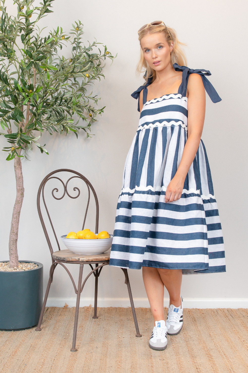 Huntress Midi Tie Dress Navy Stripe