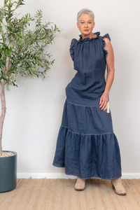 Huntress Ruffle Neck Dress Navy Ric Rac Trim