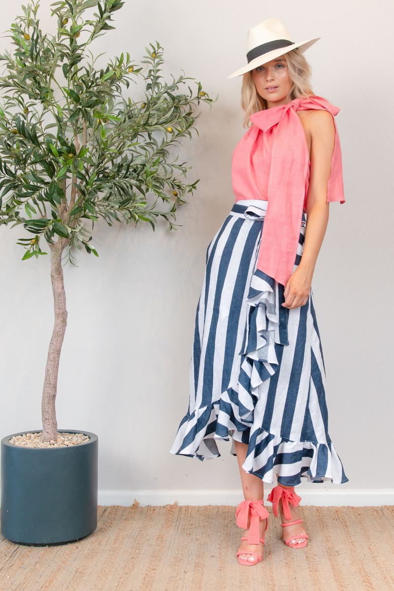 Huntress Ruffle Wrap Skirt Navy Stripe