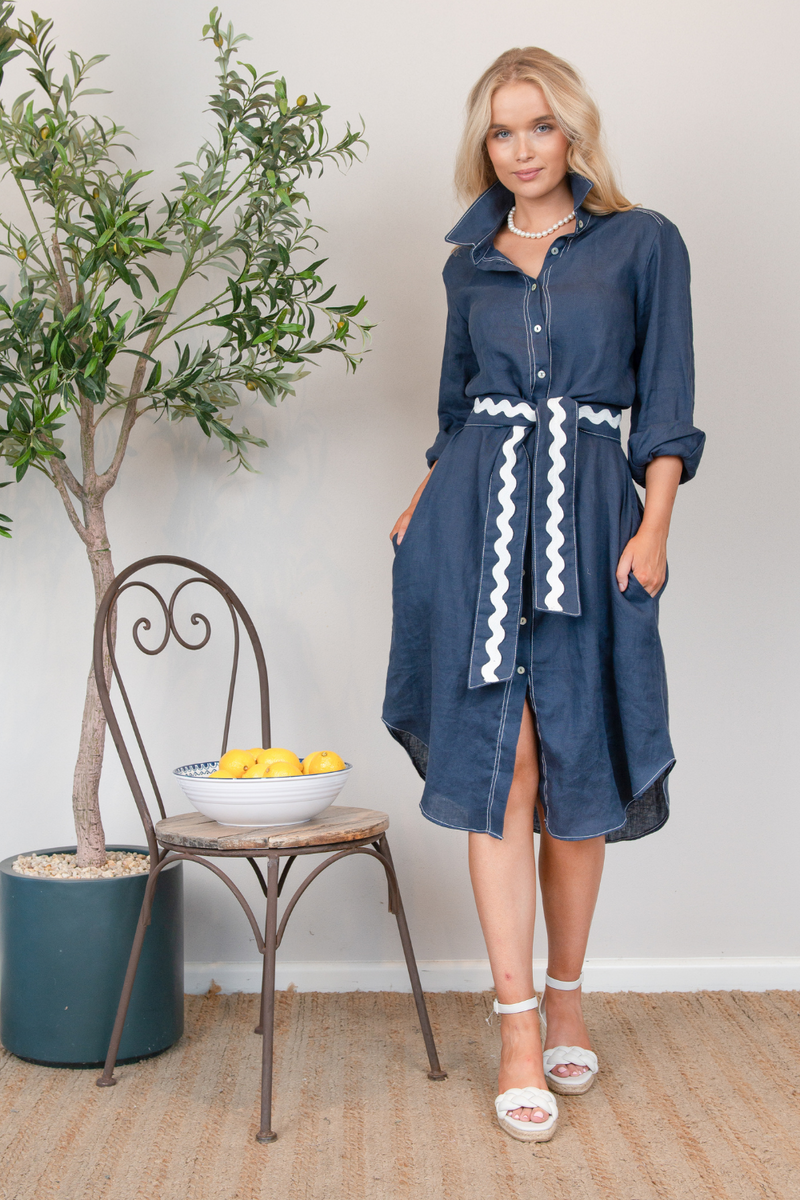 Huntress Shirt Dress Navy Ric Rac Trim