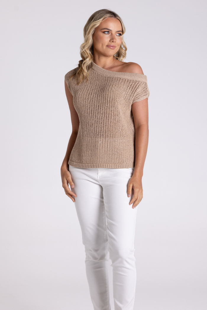 Two T's Tape Yarn Boat Neck Sweater Sand
