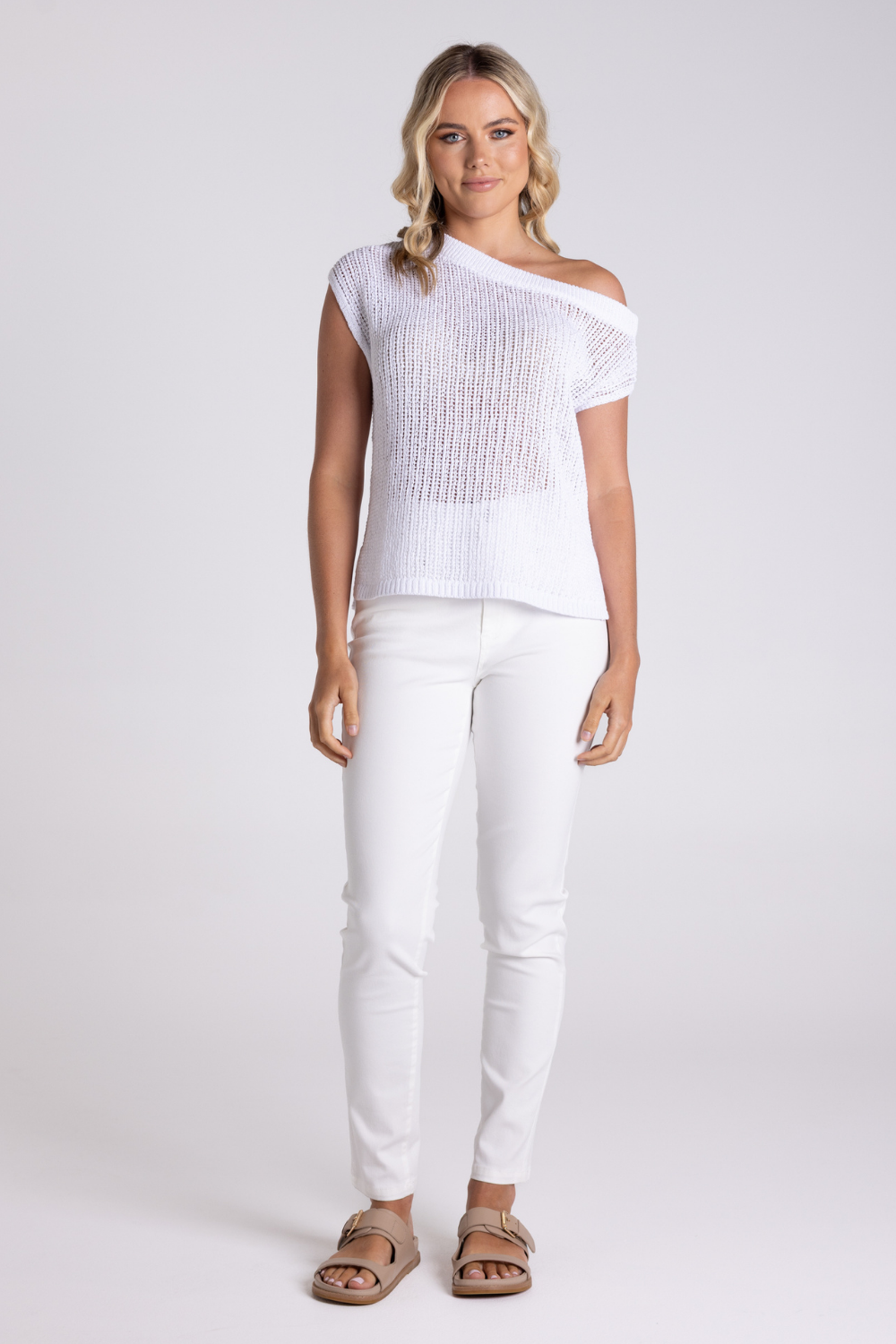 Two T's Tape Yarn Boat Neck Sweater White