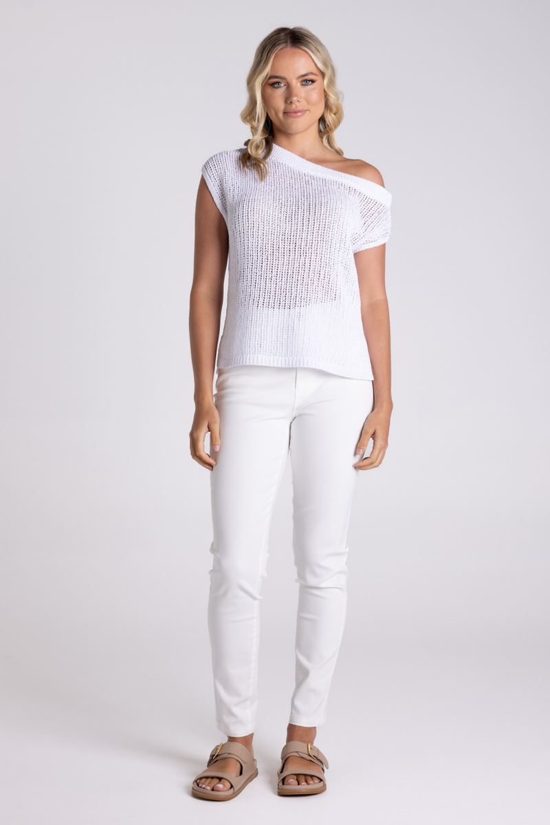 Two T's Tape Yarn Boat Neck Sweater White