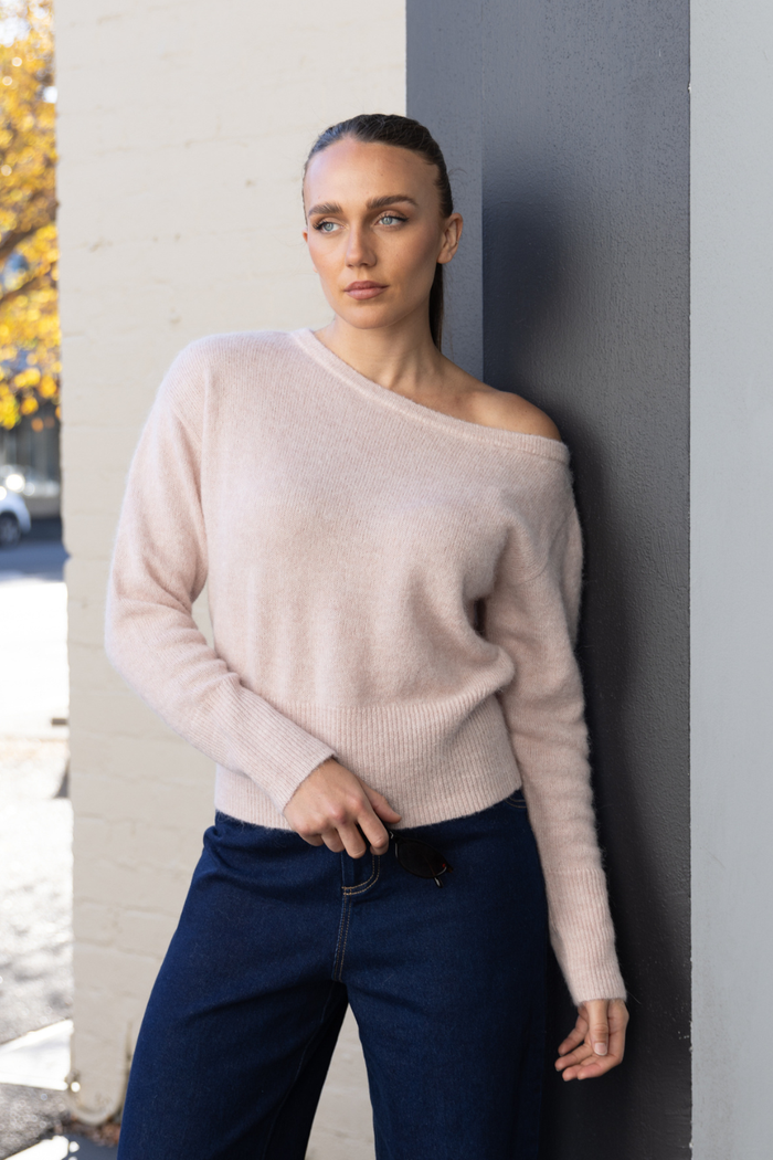 Two T's Off the Shoulder Fluffy Knit Pink