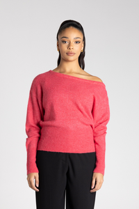 Two T's Off the Shoulder Fluffy Knit Raspberry