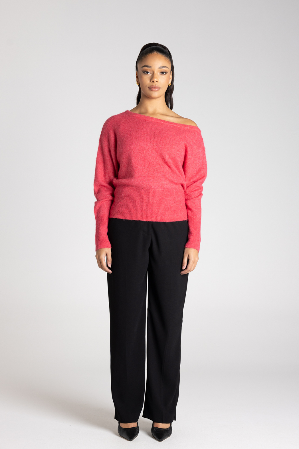 Two T's Off the Shoulder Fluffy Knit Raspberry