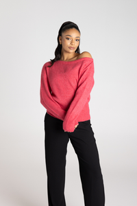 Two T's Off the Shoulder Fluffy Knit Raspberry