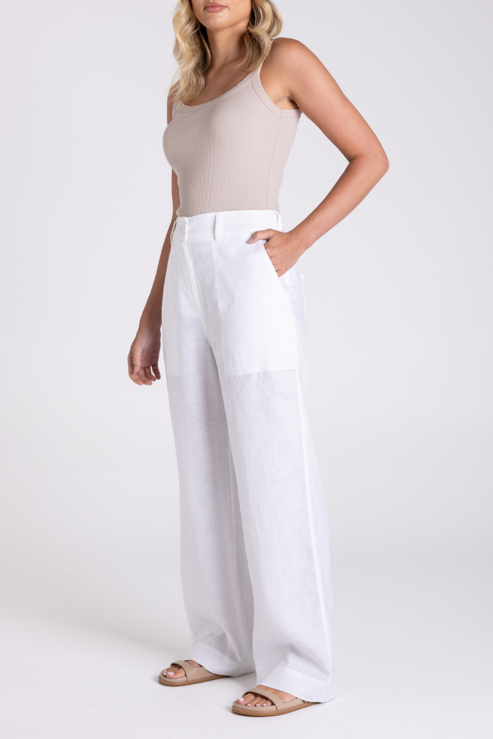 Two T's Wide Leg Linen Pant White