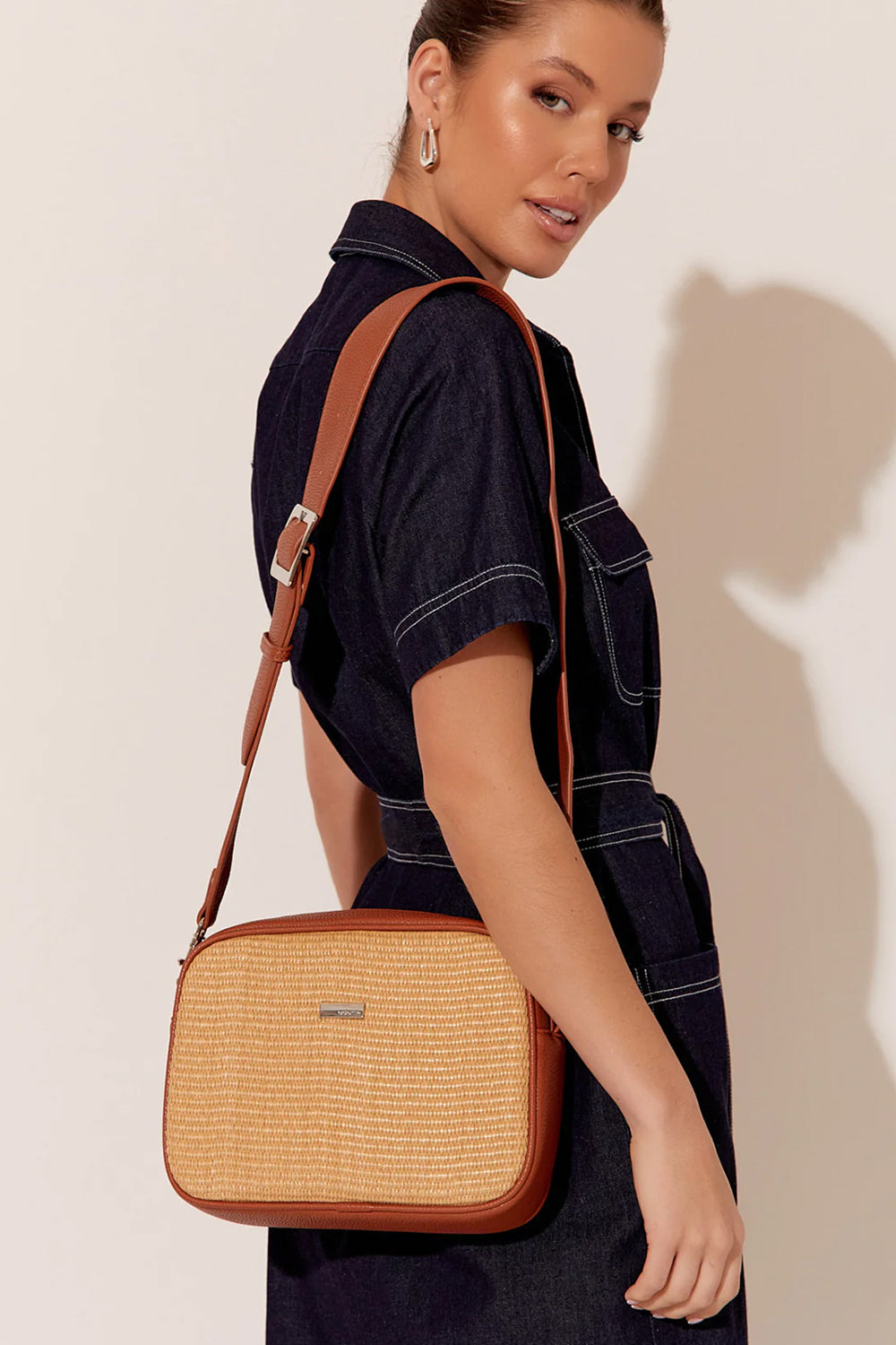 Adorne Paloma Weave Contrast Trim Camera Bag Tan/Natural