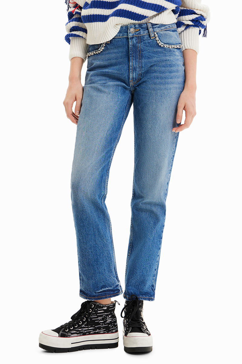 Desigual Rhinestone Detail Straight Jeans Medium Wash Denim Desigual Rhinestone Detail Straight Jeans Medium Wash Denim