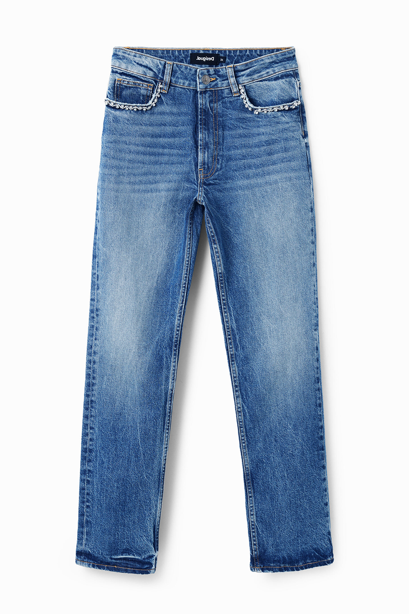 Desigual Rhinestone Detail Straight Jeans Medium Wash Denim