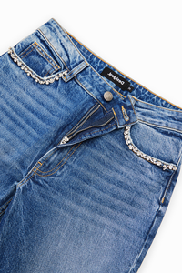 Desigual Rhinestone Detail Straight Jeans Medium Wash Denim