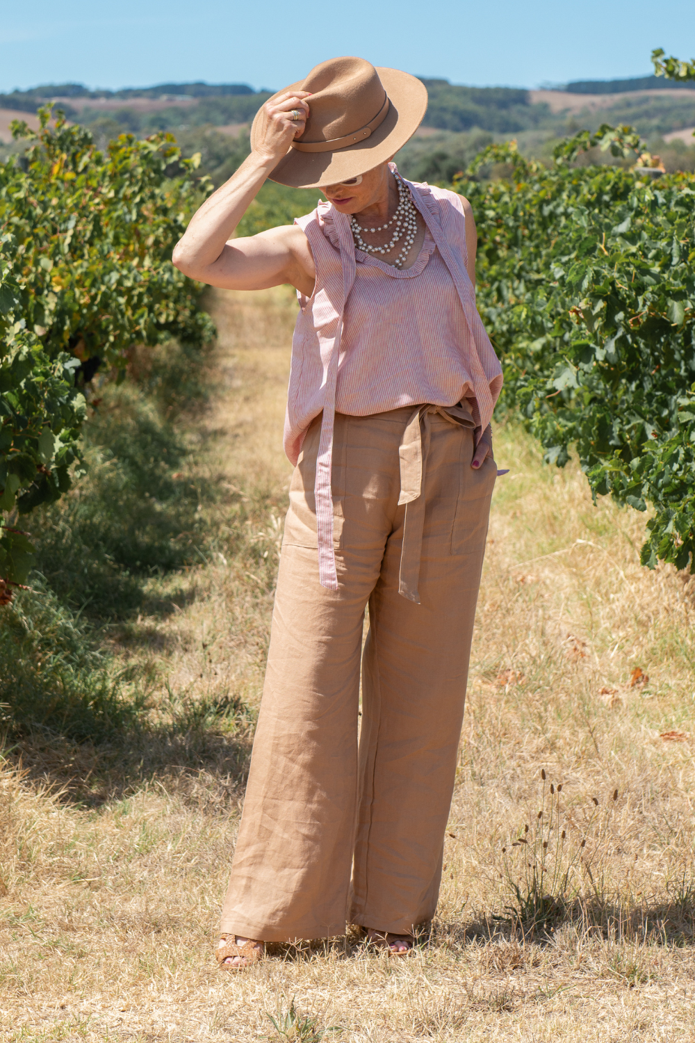 Huntress Ruffle Tie Top Pink Beige Stripe