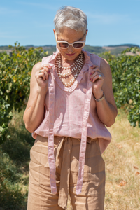 Huntress Ruffle Tie Top Pink Beige Stripe