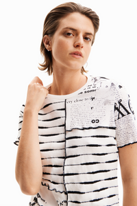 Desigual Striped Patchwork Newspaper T-Shirt White