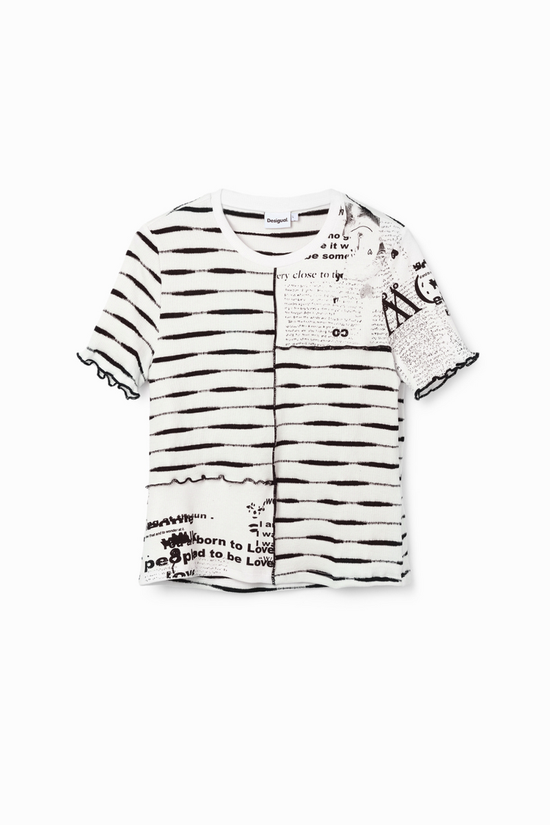 Desigual Striped Patchwork Newspaper T-Shirt White